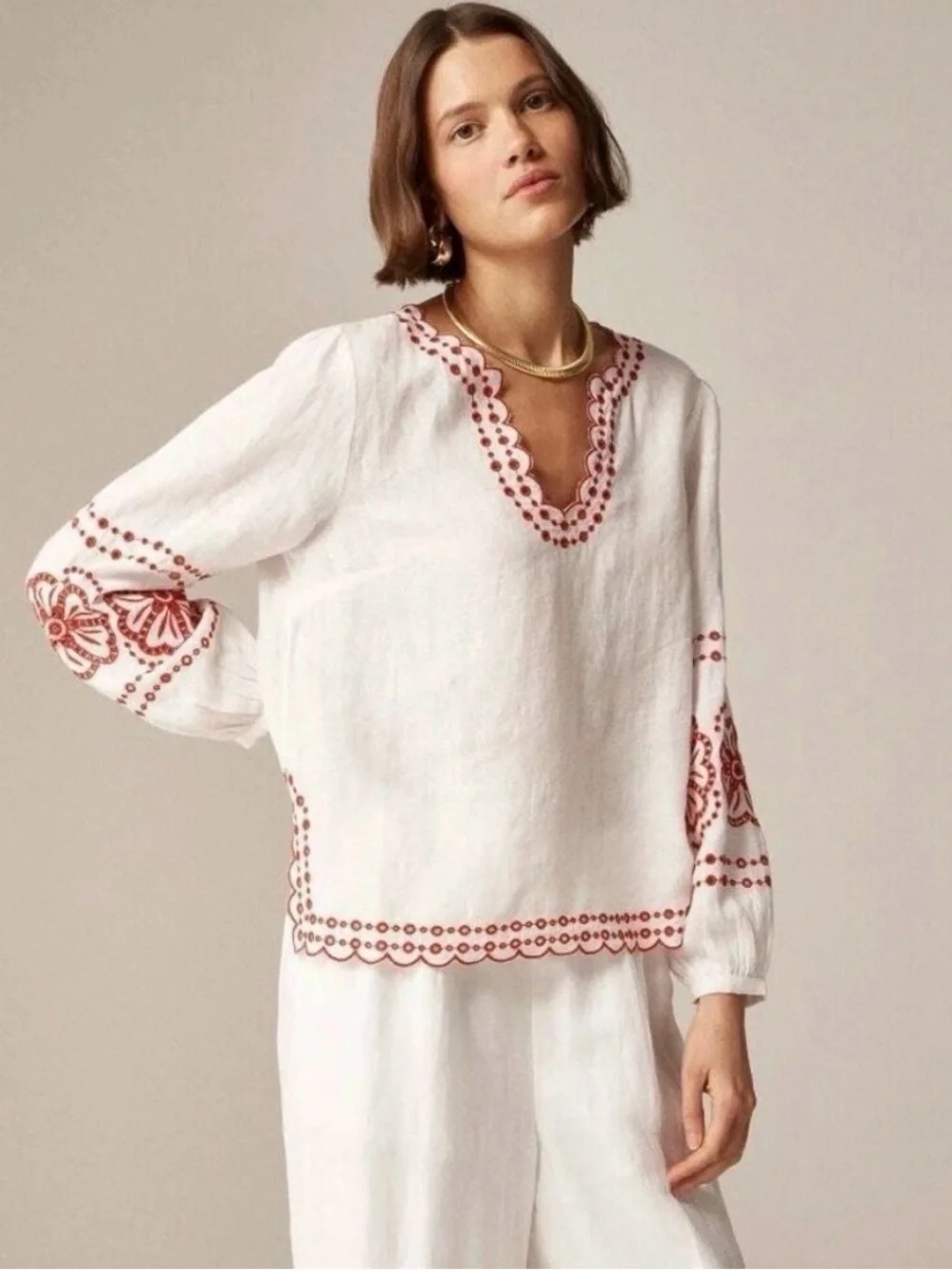 J. Crew Bungalow White Linen Peasant Blouse with Red Embroidered Trim Size S
